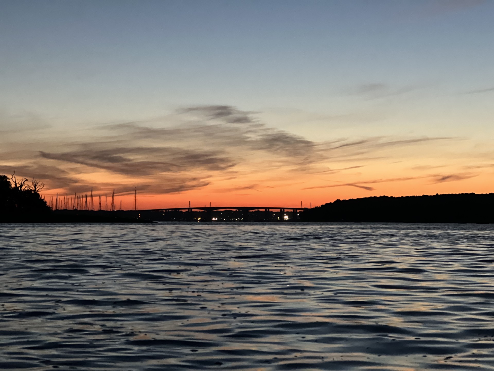 The Orwell bridge just after sunset from the water.
