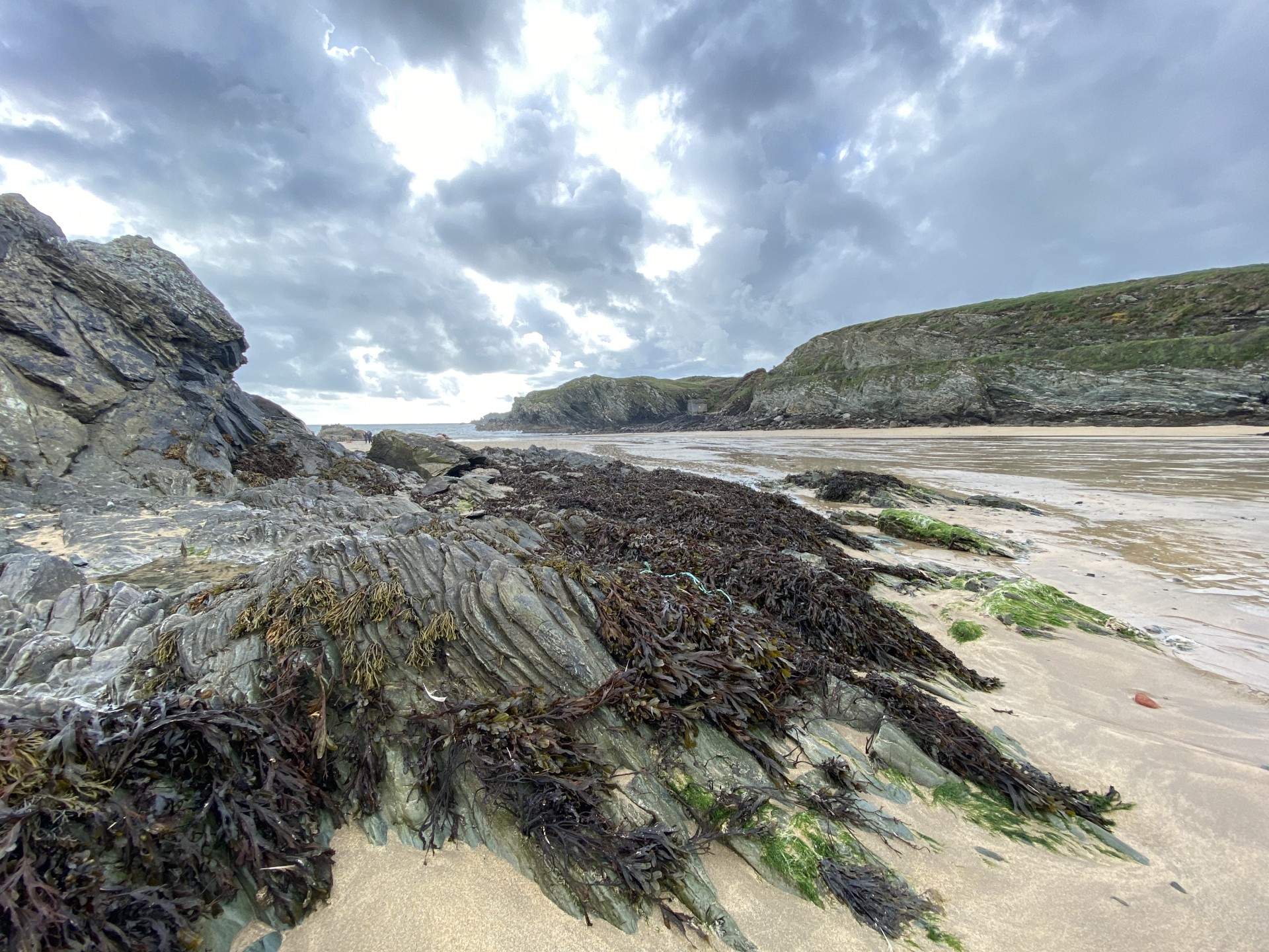 Rocky beach and winter skies.