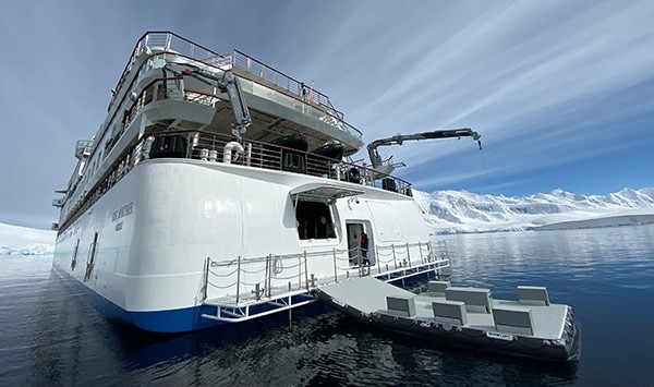 Launching platform from Greg Mortimer ship in polar region.