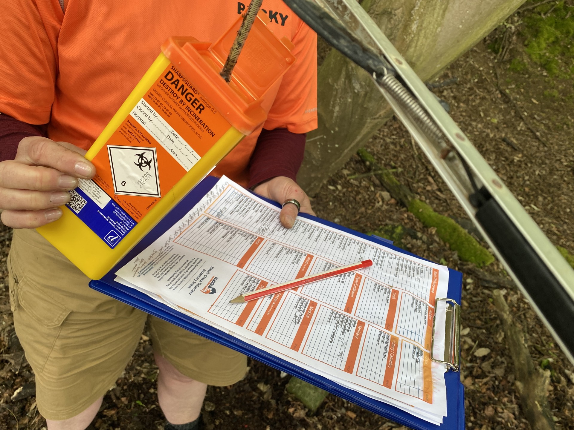 Recording data of refuse collected while beach cleaning with NOMAD Sea Kayaking.