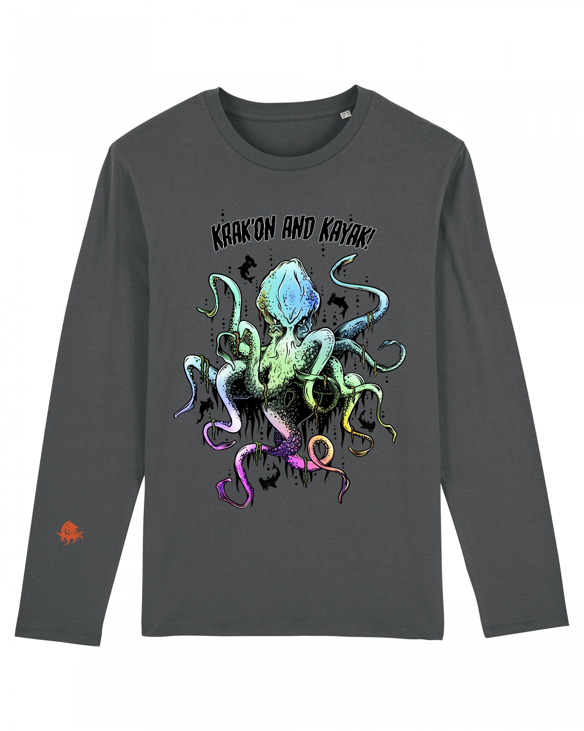 Front of long sleeve quality grey Kraken merchandise shirt