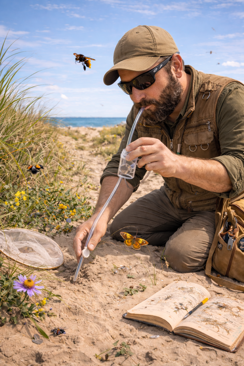 Entomologist field collecting insects with an Aspirator on a Suffolk beach.