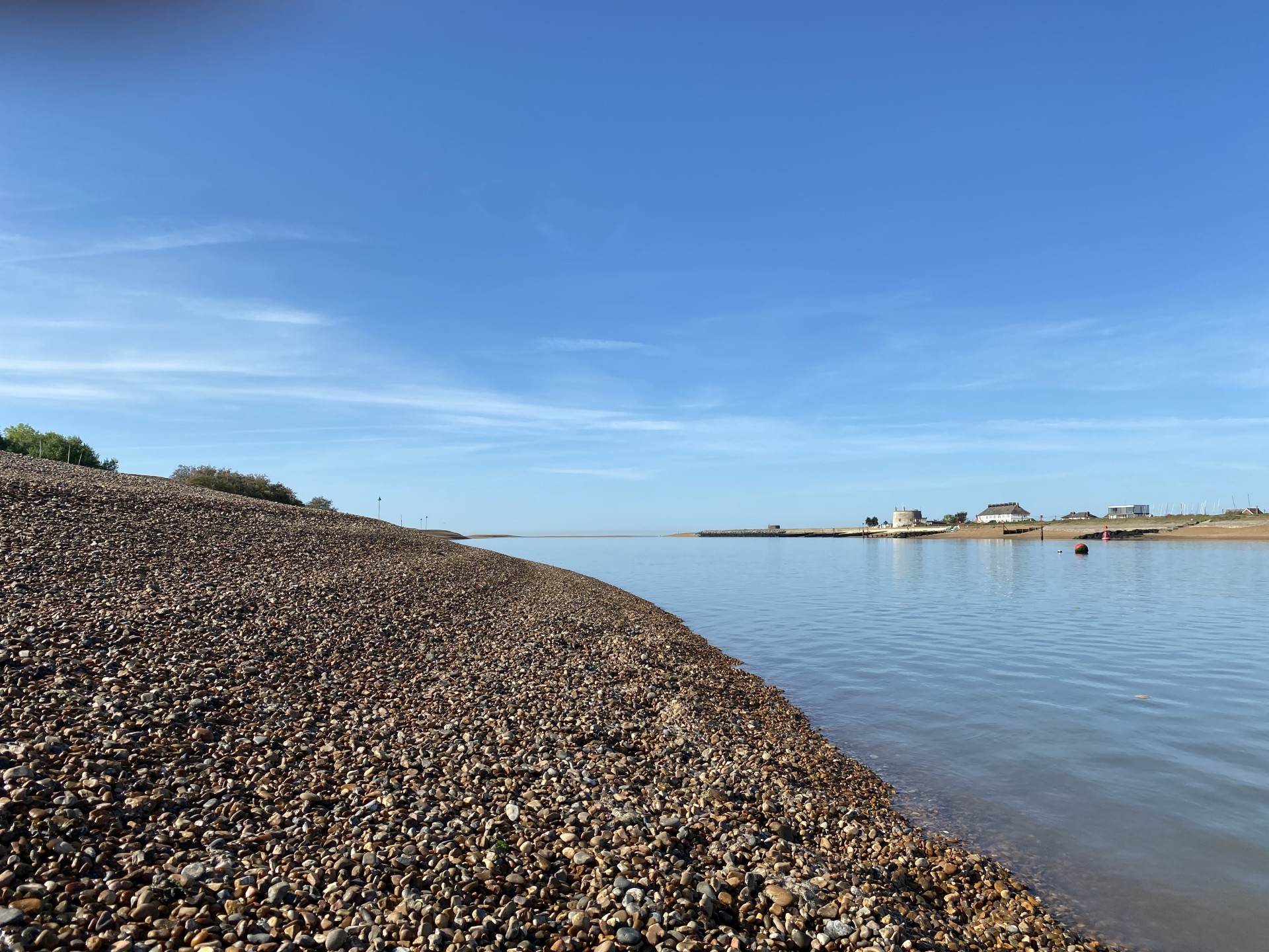 Shingle beach at the mouth of the Deben estuary.