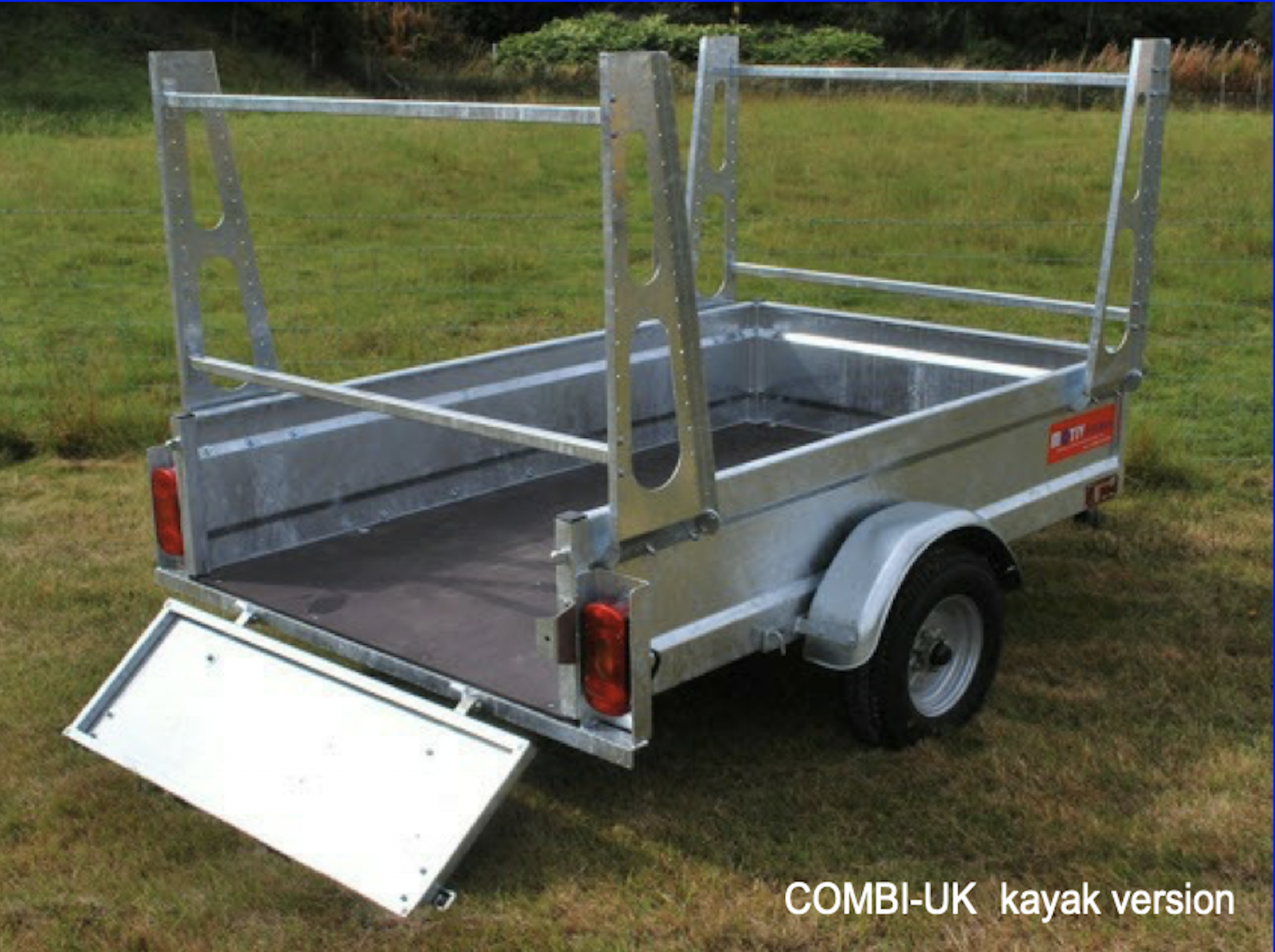 Motiv Combi Kayak Trailer with tarpaulin removed and back flap down.