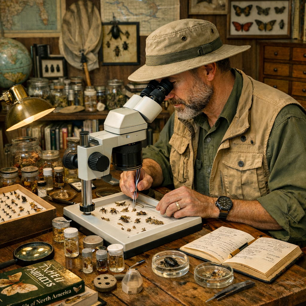 Entomologist sorting sepcimens under a stereo microscope with the Introduction to Field Entomology course in Suffolk.