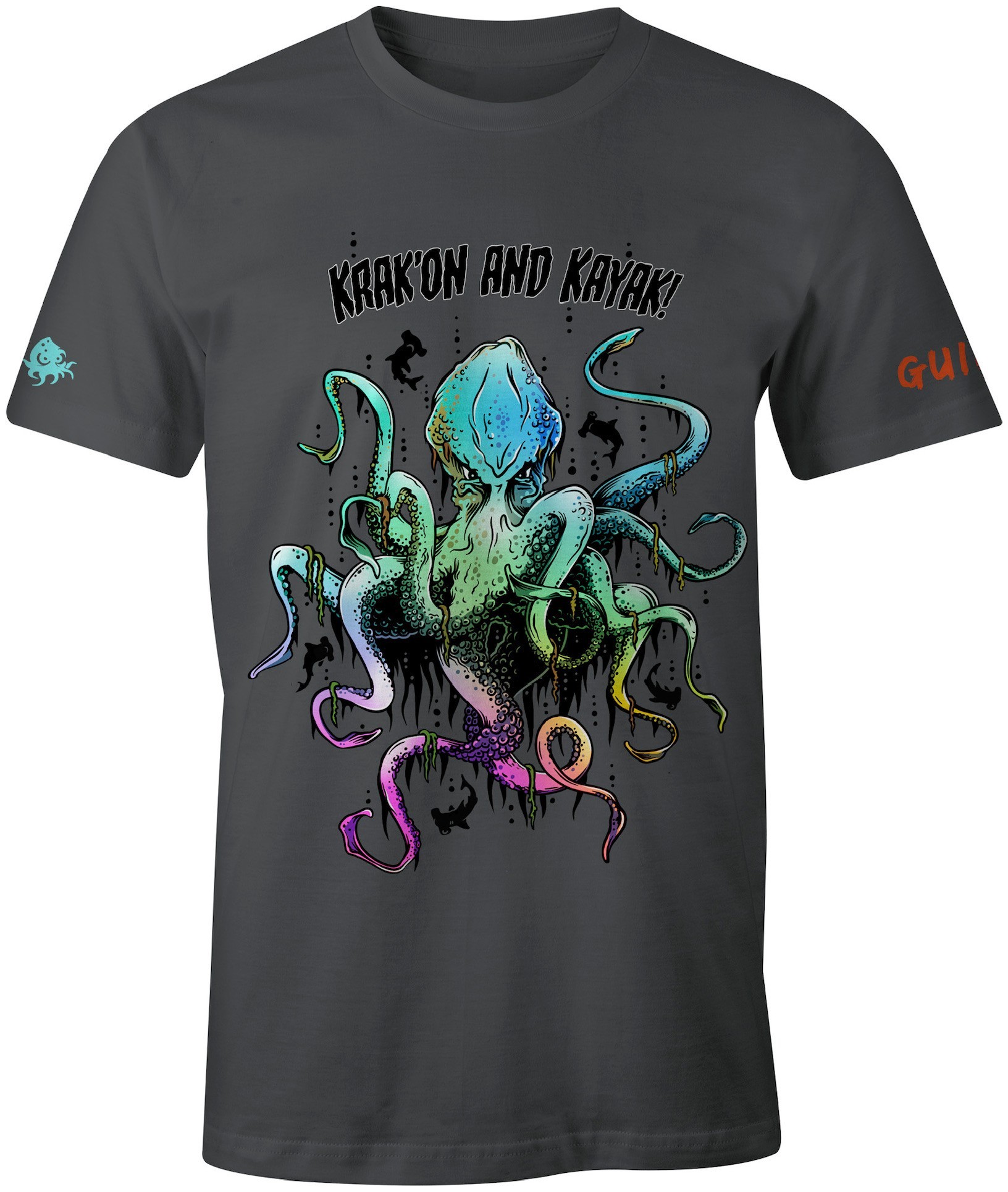 Grey short sleeve merchandise t-shirts with Kevin the Krakon on front