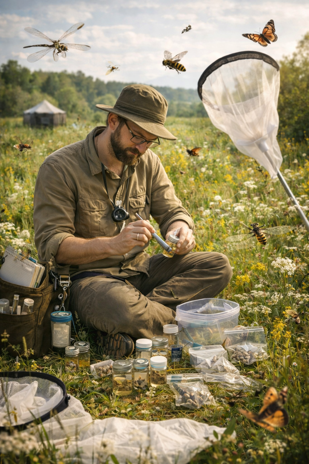 Entomologist field sorting specimens on the Field to Bench Entomology course in Suffoklk with NOMAD (FENP)