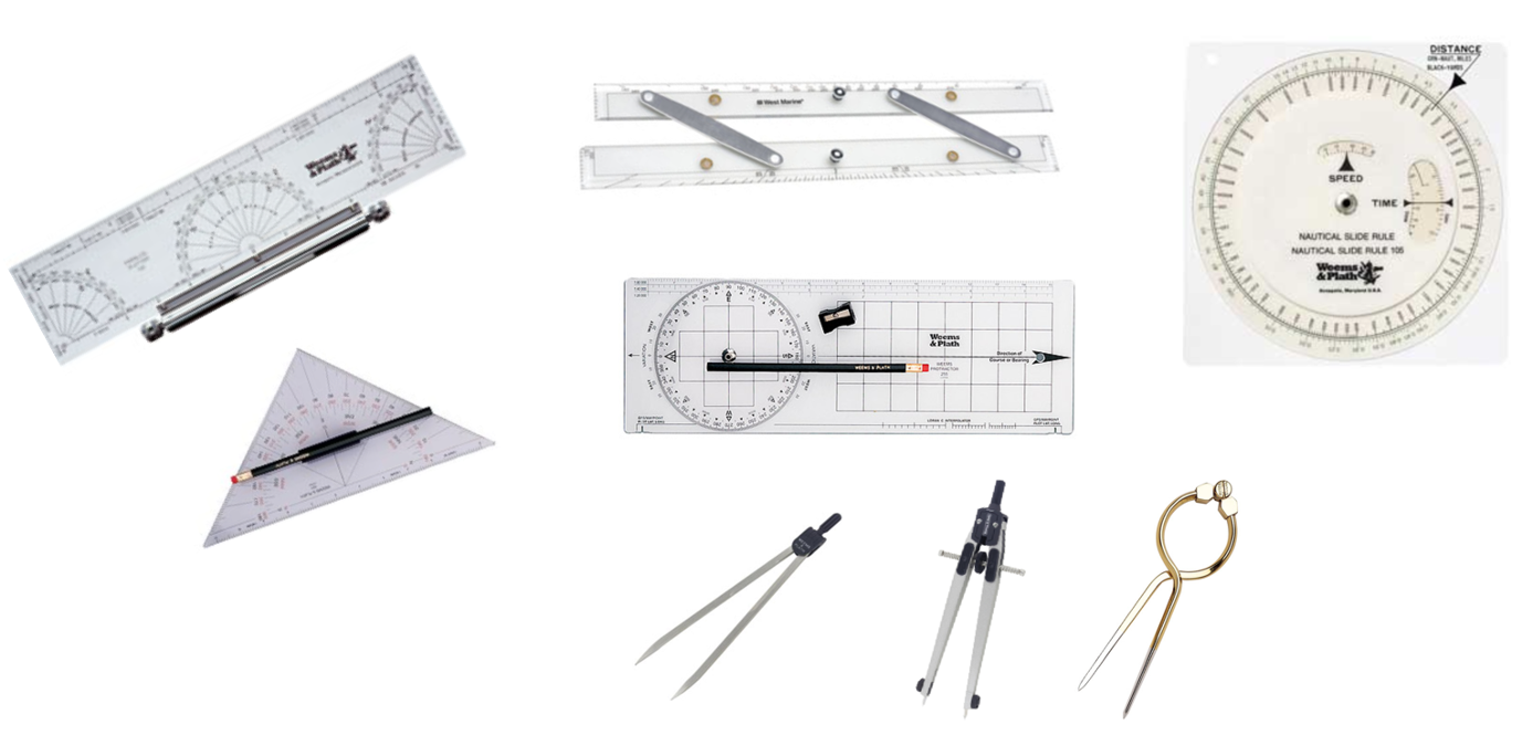 Navigation plotting tools, some for sea kayakers.