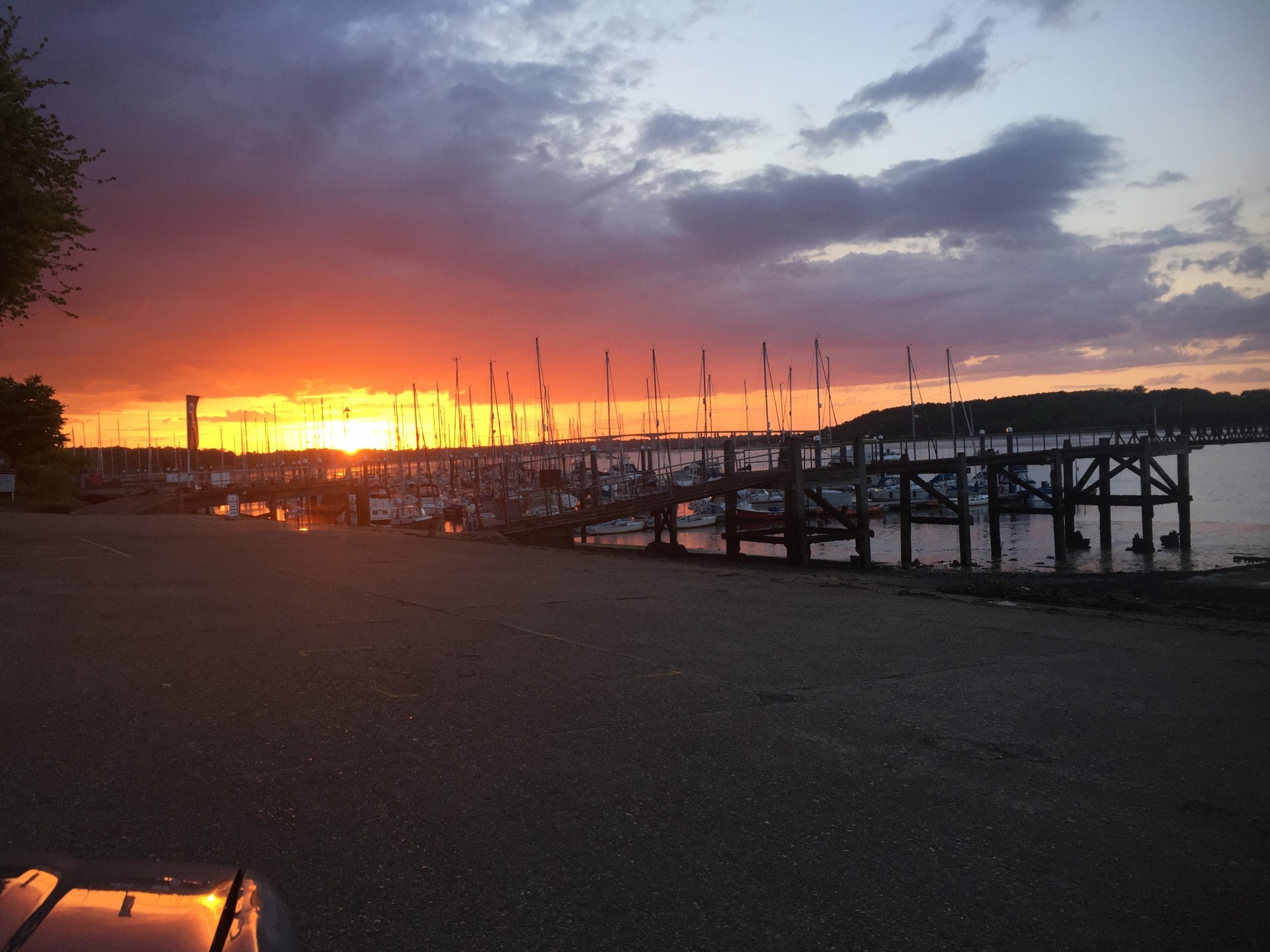 Sunset over the Orwell Bridge in Suffolk viewed from Woolverstone Marina.