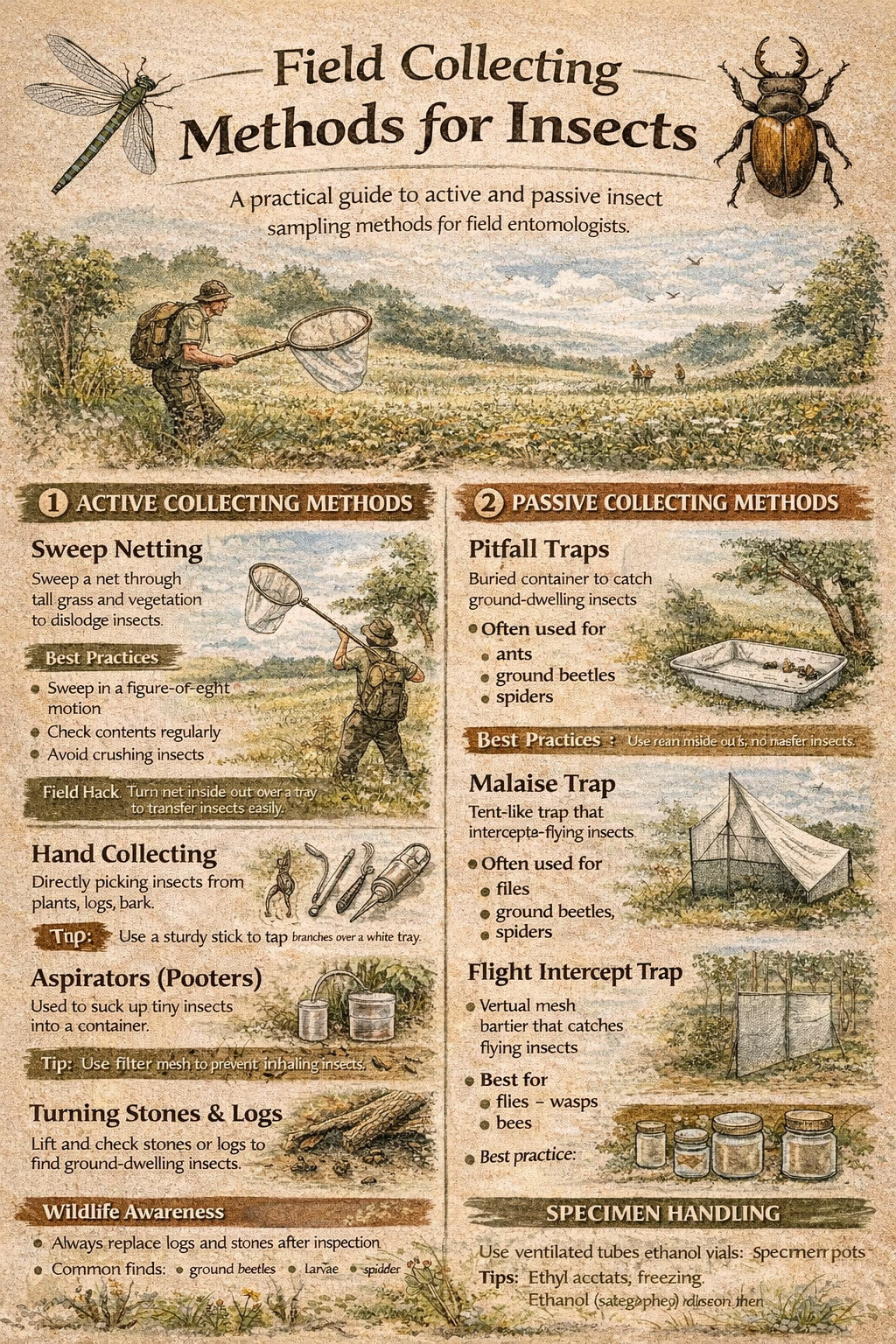 Methods for the field collection of insects on the Introduction to Entomology course in Suffolk.
