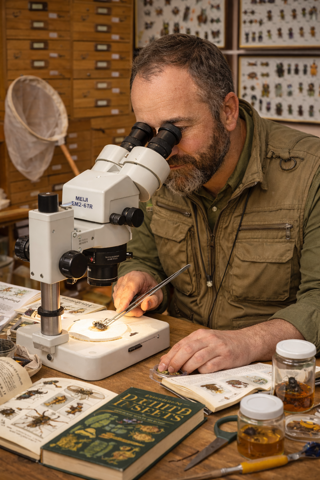 Identifying insect specimens under a microscope on the Field to Bench Entomology course.