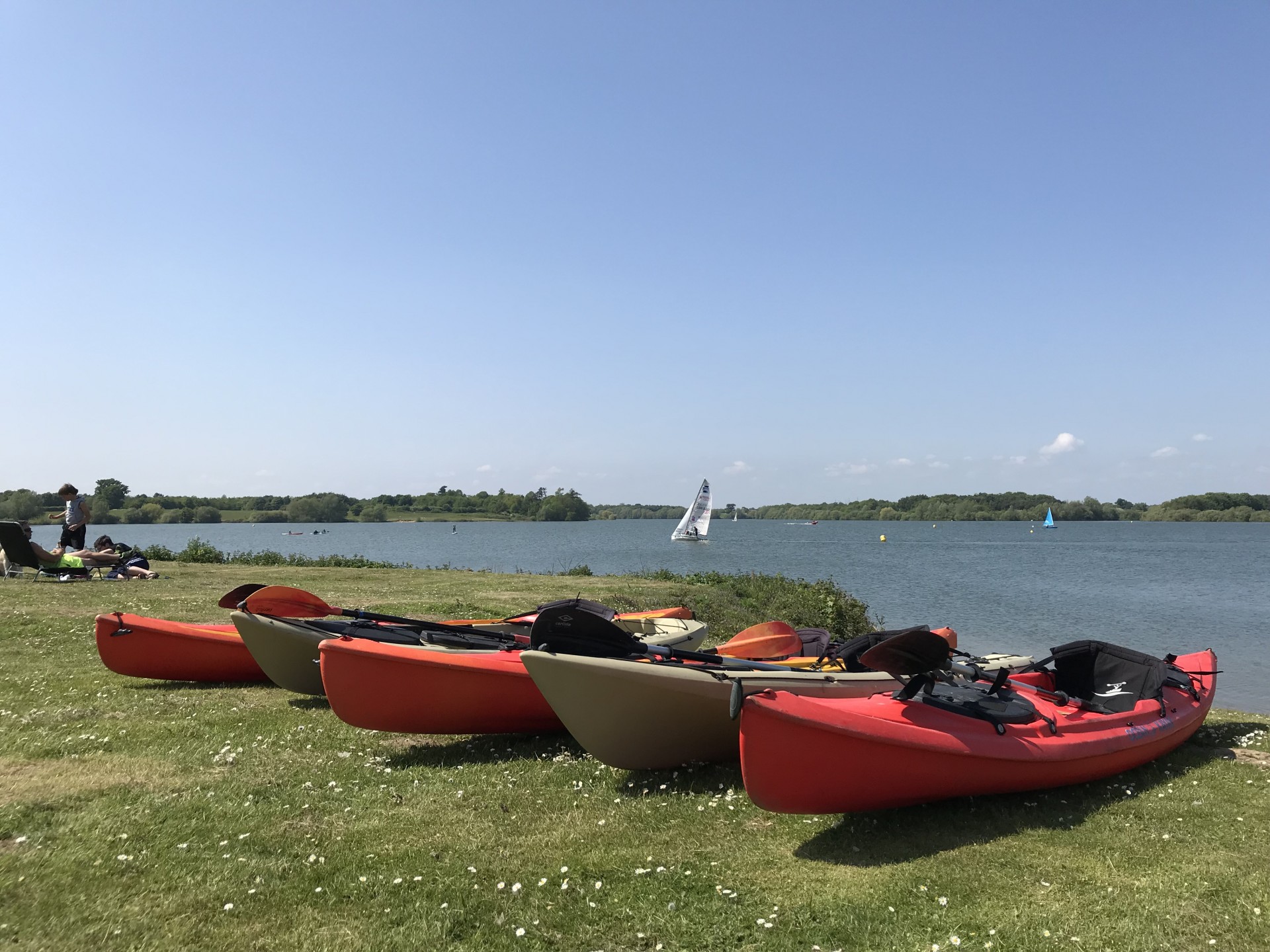 Kayaks on the grass with Alton Water Sports centre in the background