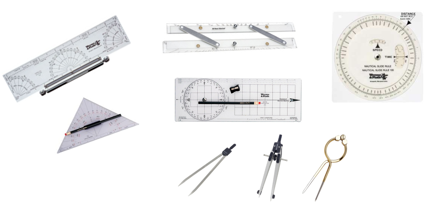 Tools used for navigation showing rules and protractors.