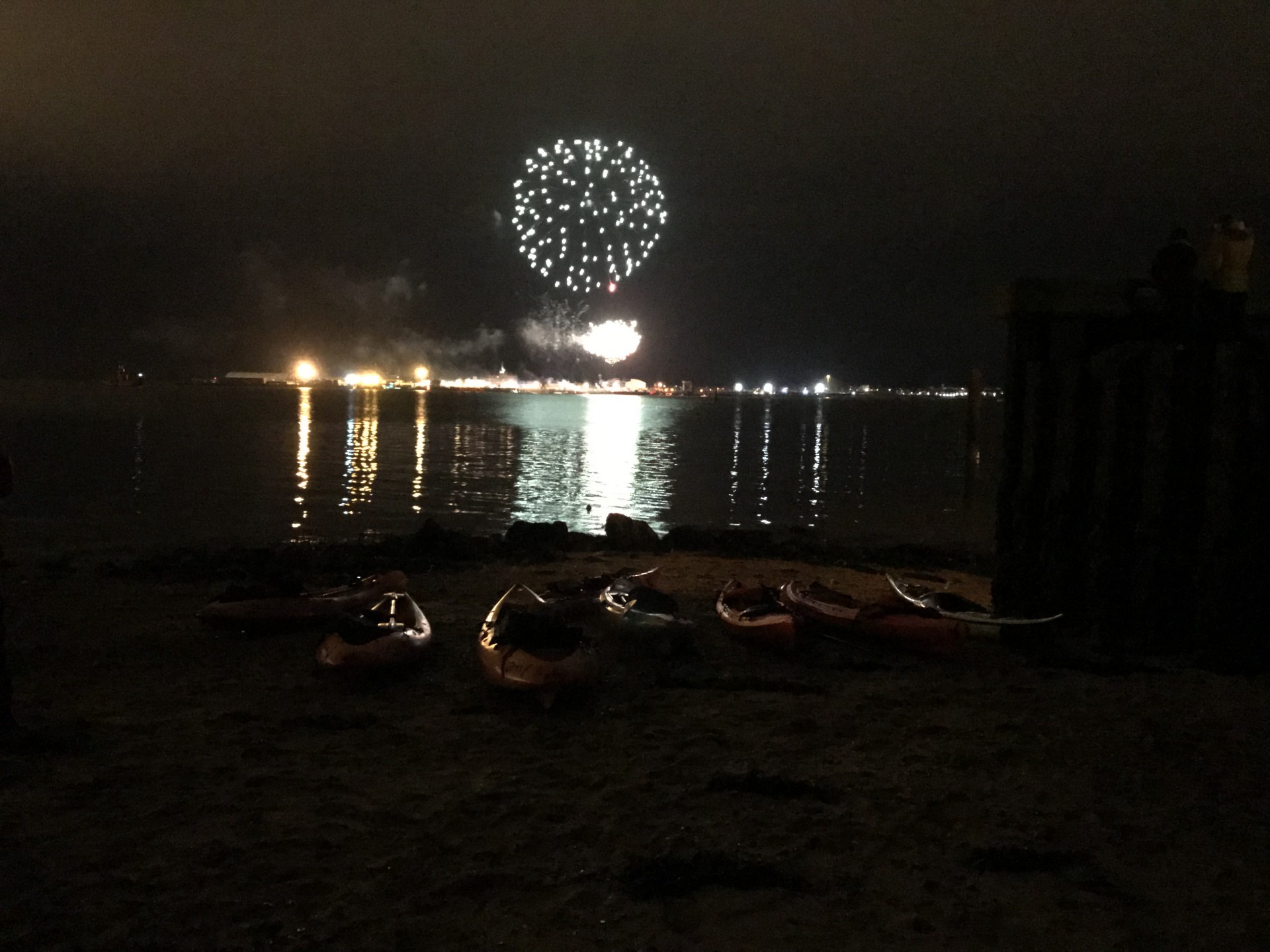 Harwich New Years Eve fireworks display in the distance across the water with NOMAD Sea Kayaking.