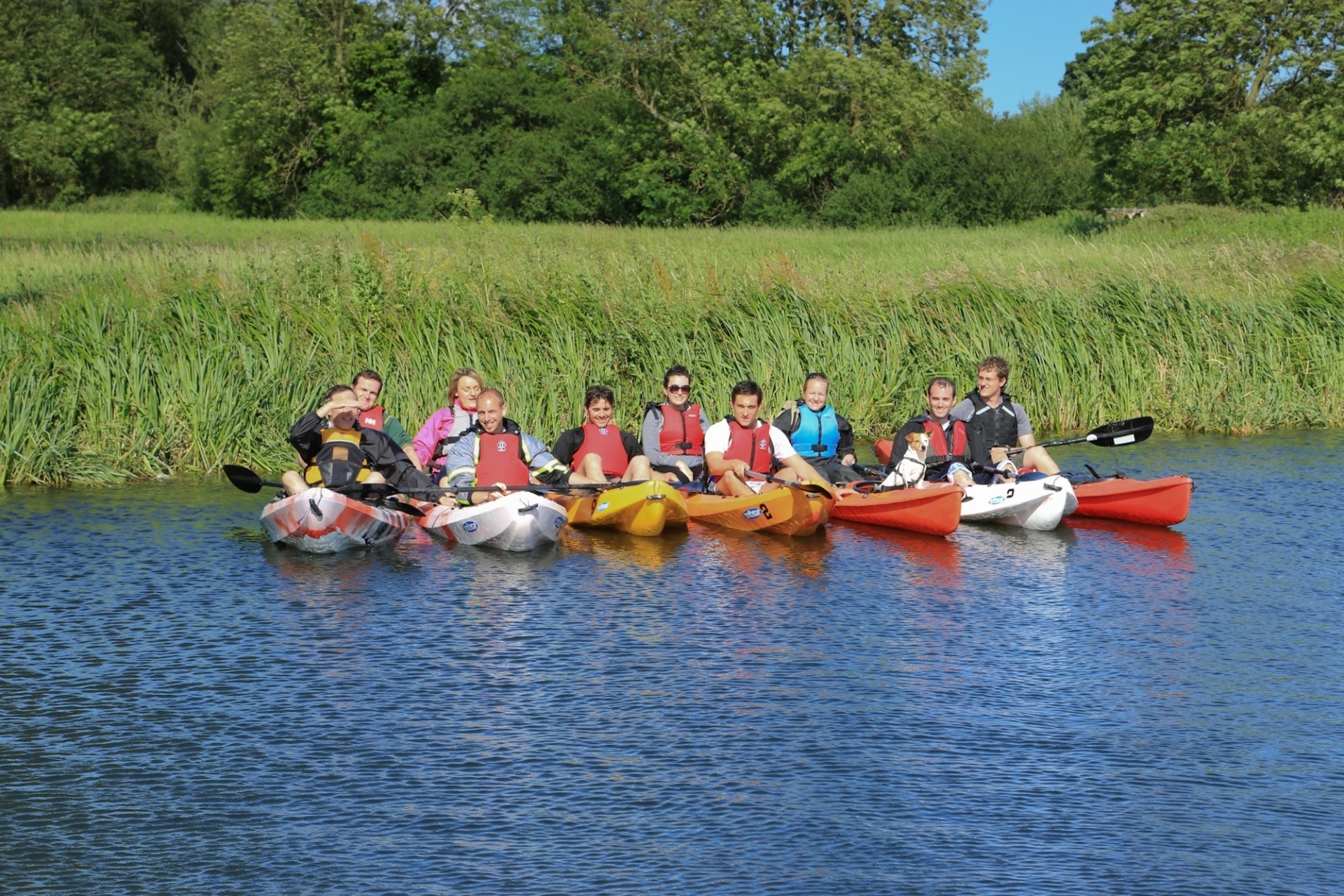 A large group of kayakers on a blue river with thick green grass in the background