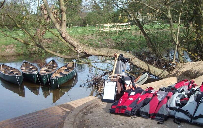Four large canoes tethered to a tree on a river
