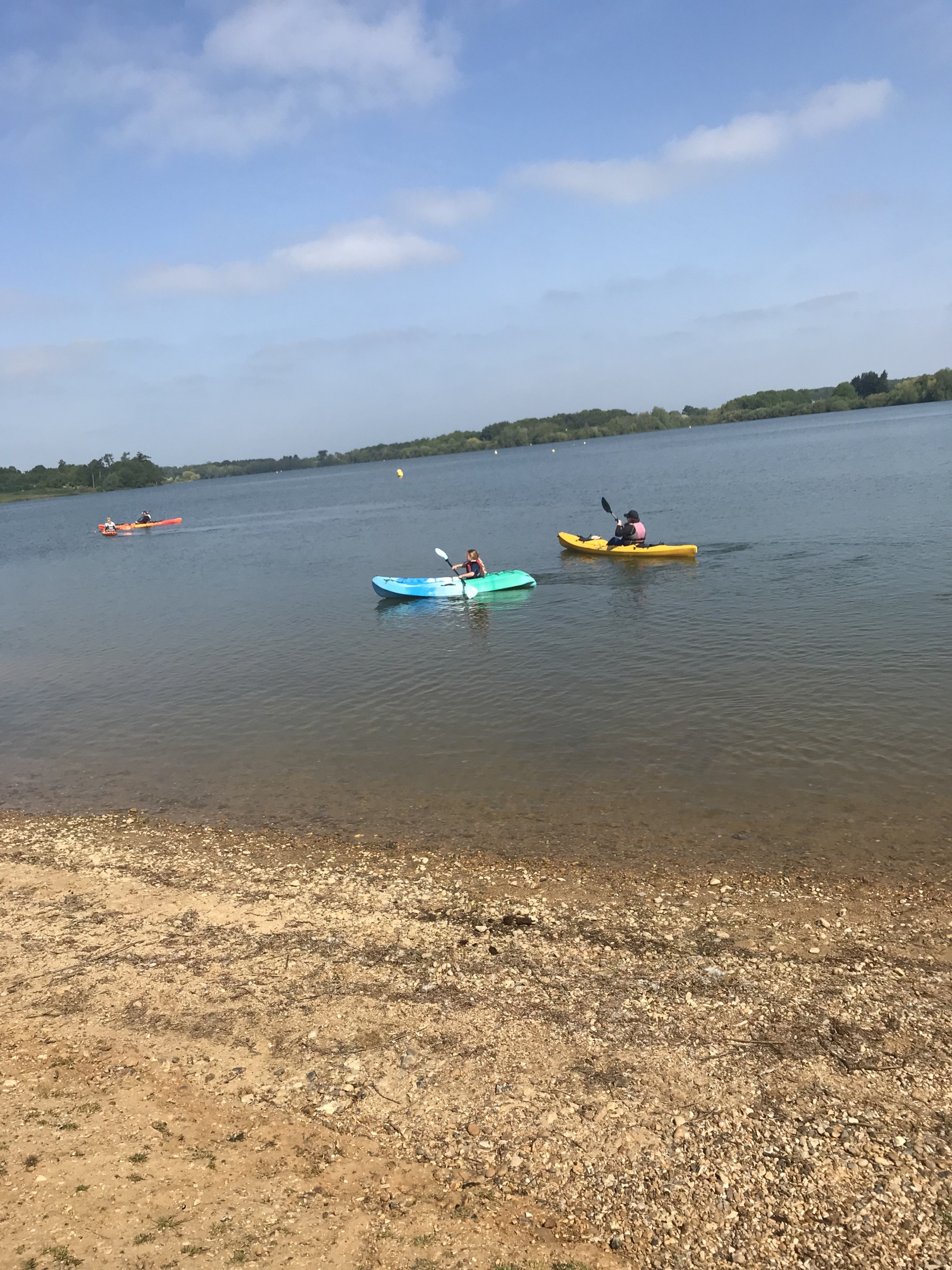 Kids in kayaks on the water on a sunny day having a family fun kayaking session