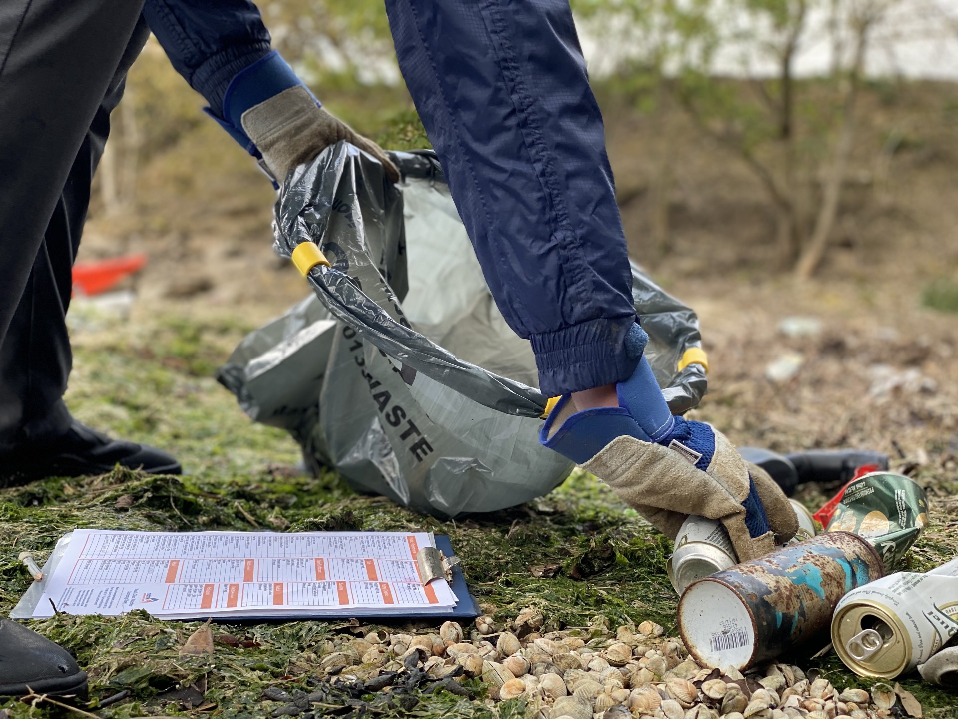 Collecting and recording rubbish on our Beach Clean by Kayak event in Suffolk.