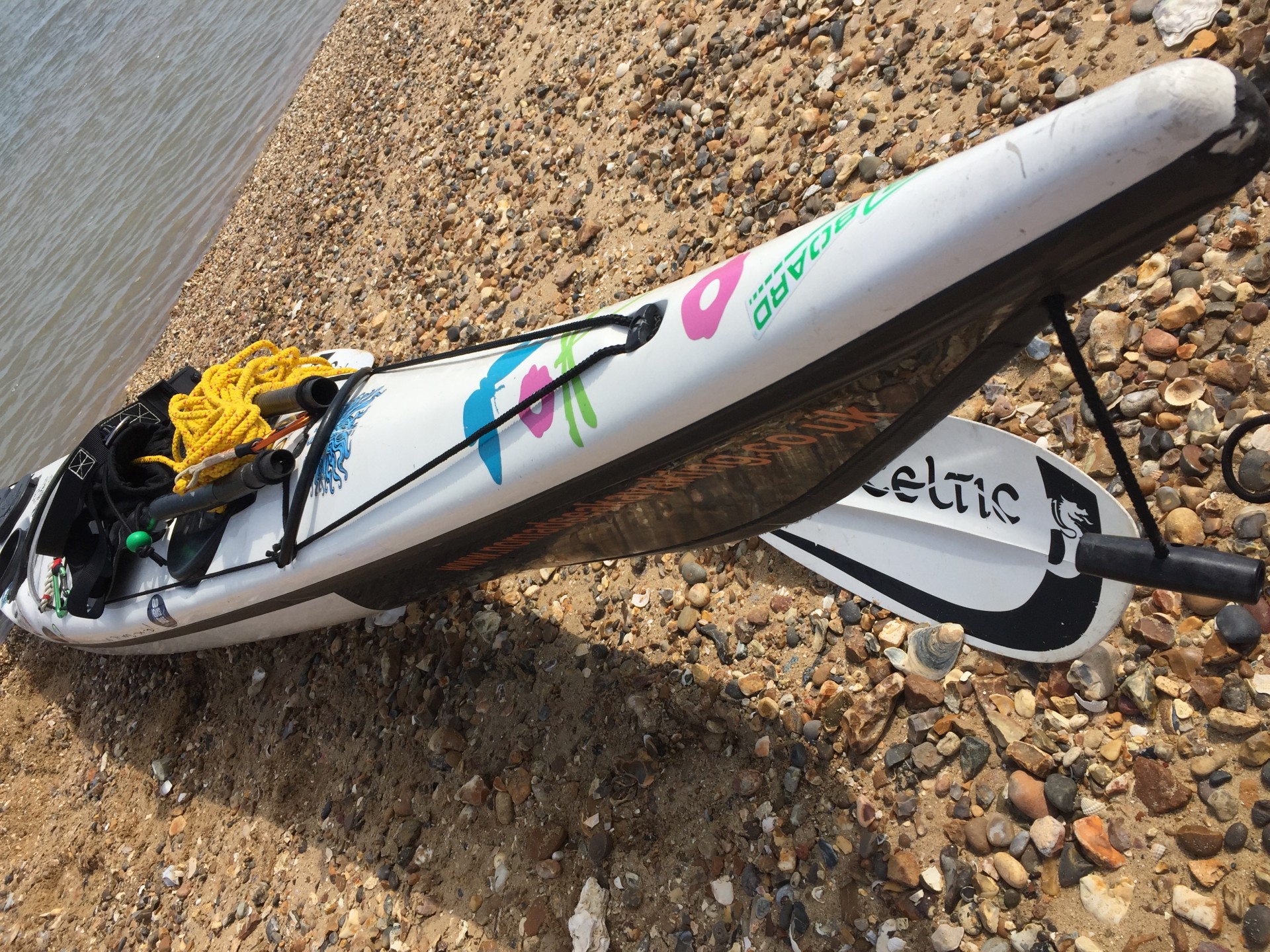 Sea kayak on a shingle beach.