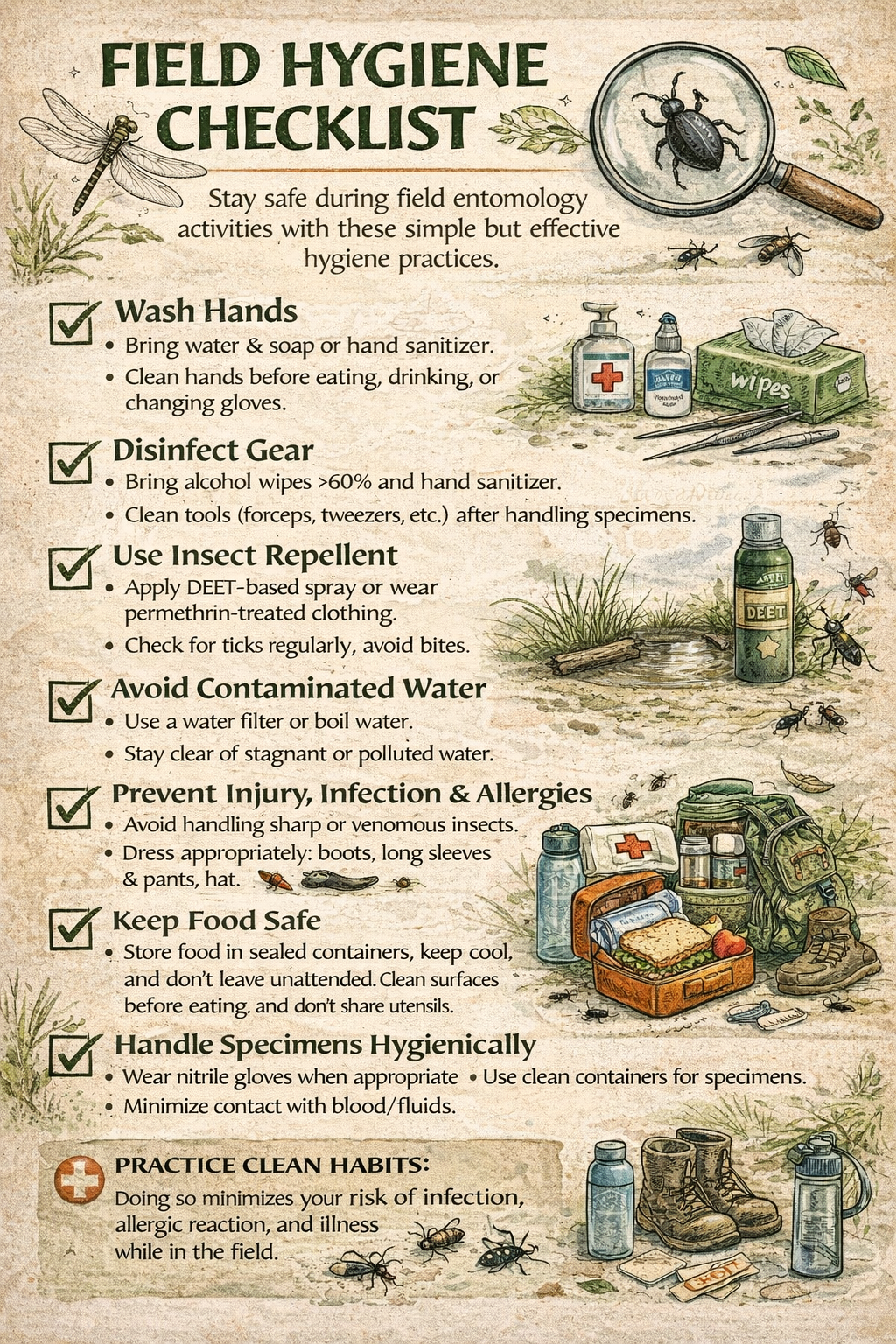 Field hygiene Checklist, a digital resource for NOMAD Entomology Club members.